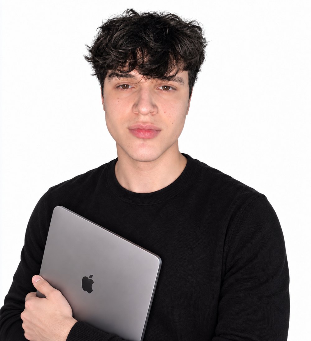 Caio Meurer segurando um notebook